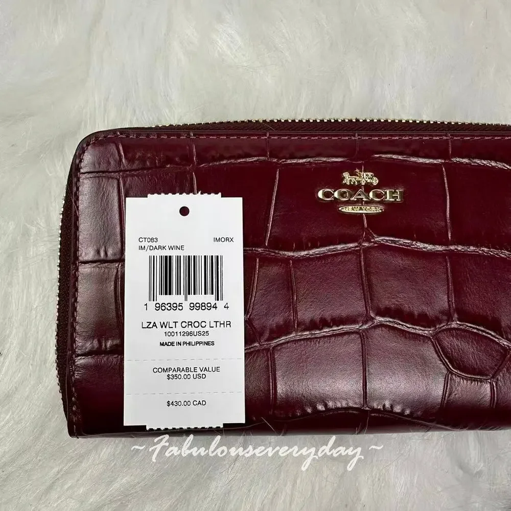 Coach Long Zip Around Wallet In Embossed crocodile/Gold/Dark Wine CT083 NWT